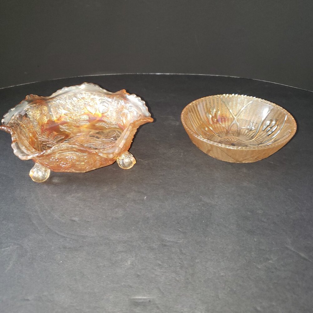 Antique Fenton Carnival Glass Panther 5" Berry Bowl & Jeannette 4" Iris 4" Berry